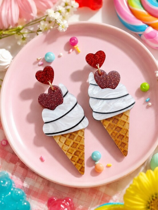 NKULTD Jewelry - Ice Cream Cone Dangle Earrings Red Glitter Heart Acrylic Kawaii Summer Y2K 2.4in